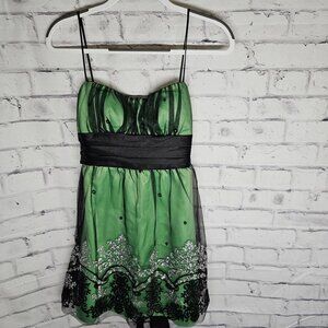 Juniors Green Dress with Black overlay